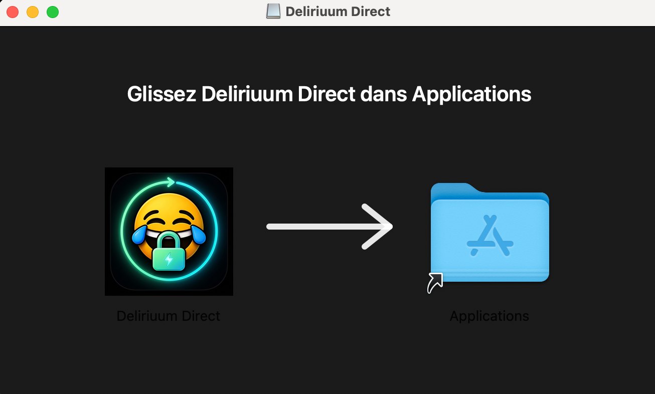 Fenêtre du disque monté : l'icône Deliriuum Direct, une flèche, et le dossier Applications.