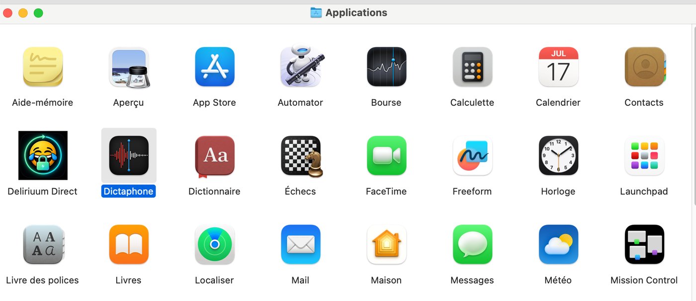Dossier Applications du Finder contenant l'icône Deliriuum Direct parmi les autres applications.