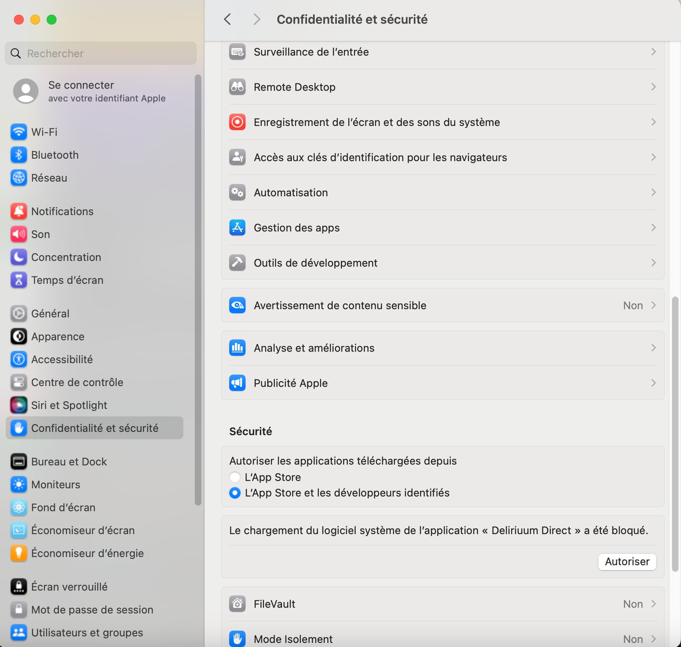 Réglages Système, panneau Confidentialité et sécurité, rubrique Sécurité : le message indiquant que le chargement du logiciel système de Deliriuum Direct a été bloqué, avec le bouton Autoriser.