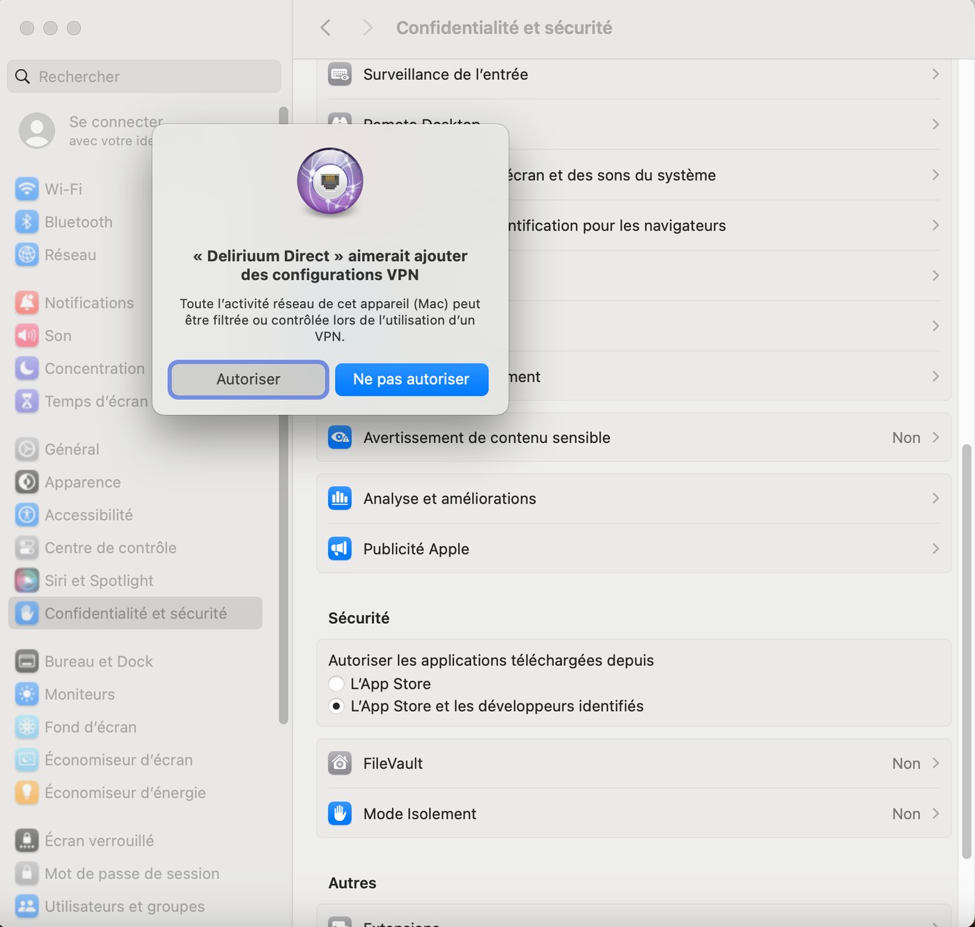 Boîte de dialogue macOS : « Deliriuum Direct aimerait ajouter des configurations VPN », avec les boutons Autoriser et Ne pas autoriser.