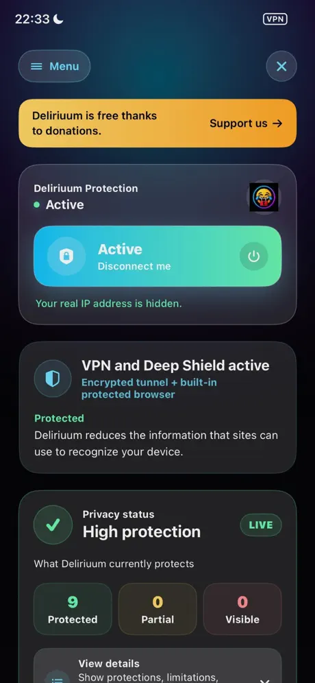Deliriuum avec la protection active : protection élevée, 9 éléments protégés, 0 visible