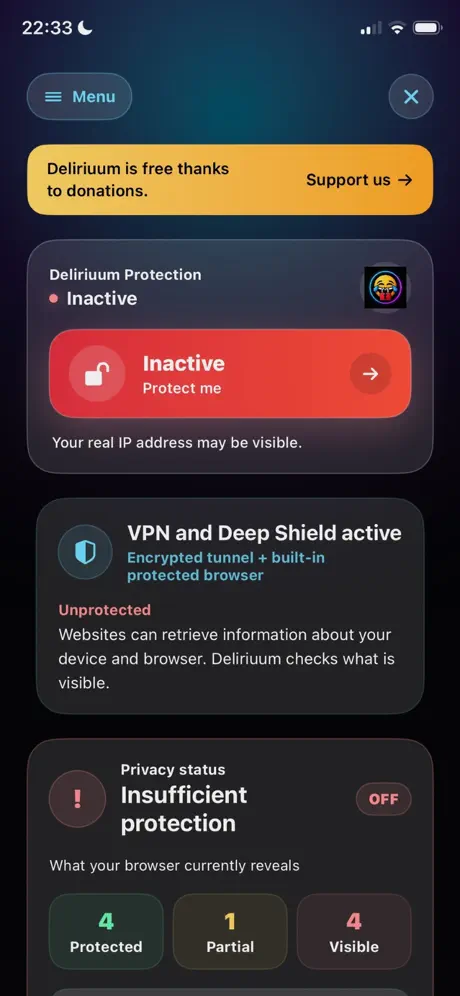 Deliriuum avec la protection inactive : protection insuffisante, 4 éléments visibles