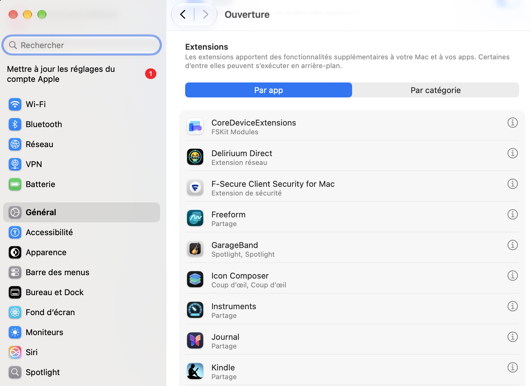 Réglages Système macOS 27, section Ouverture et extensions, avec Deliriuum Direct dans la liste des extensions.