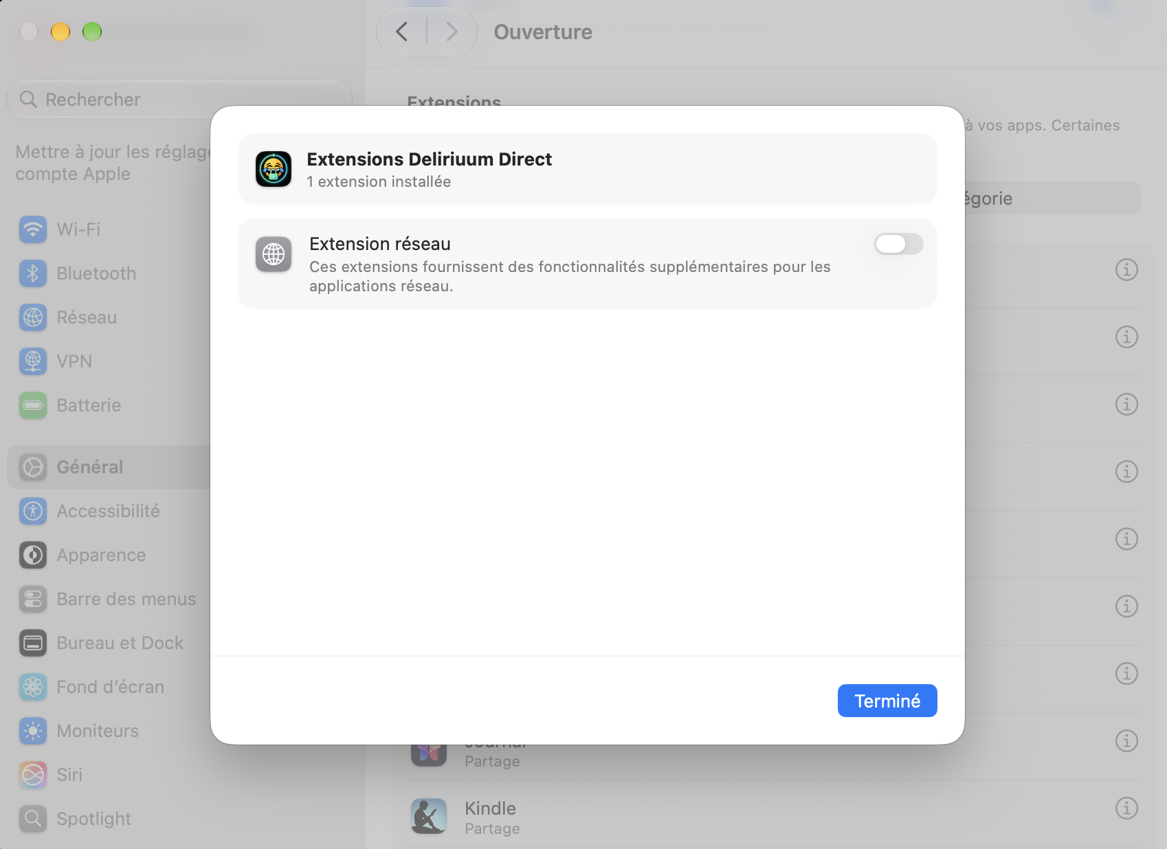 Fenêtre Extensions Deliriuum Direct avec l'extension réseau désactivée.