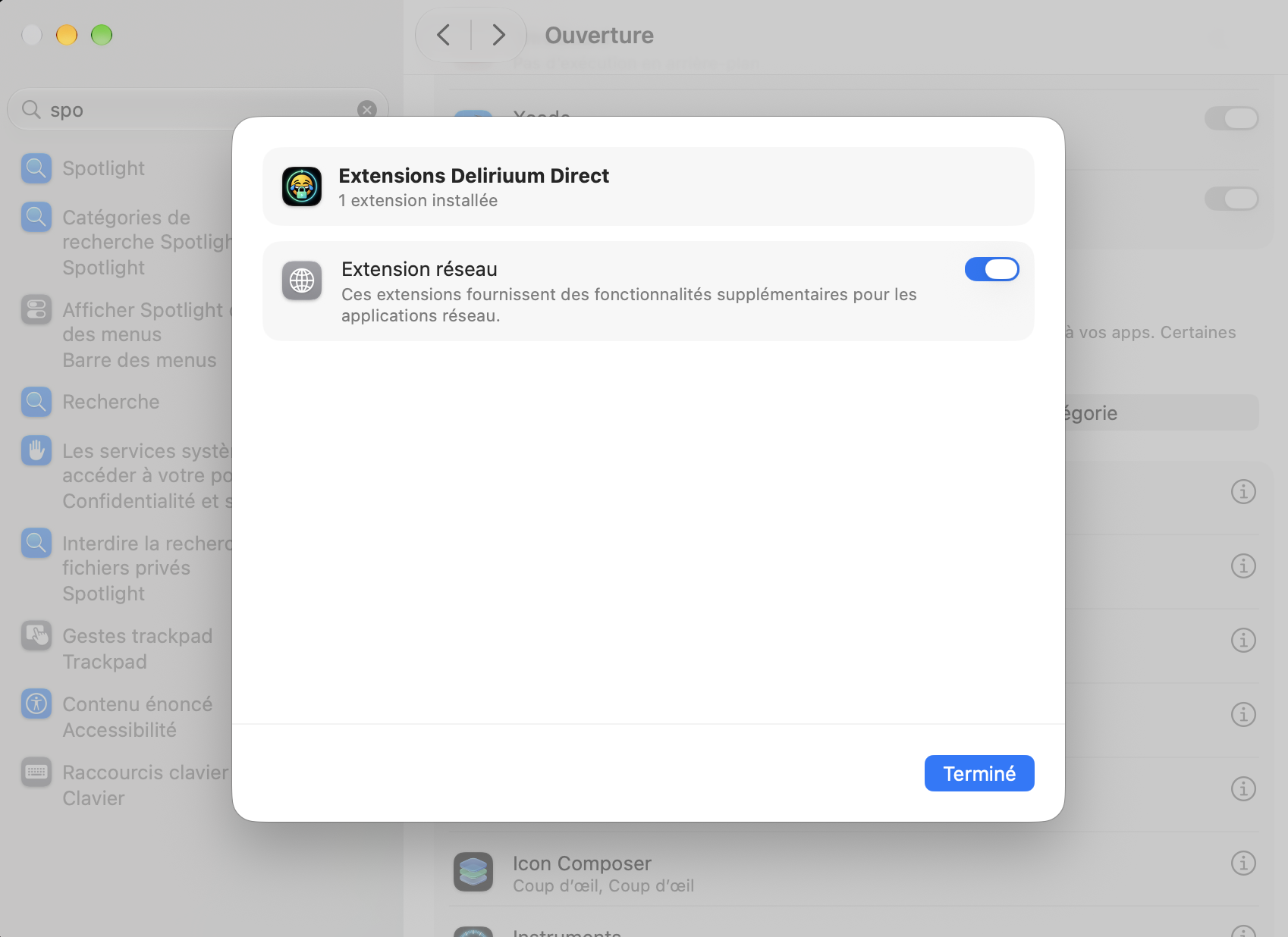 Fenêtre Extensions Deliriuum Direct avec l'extension réseau activée.